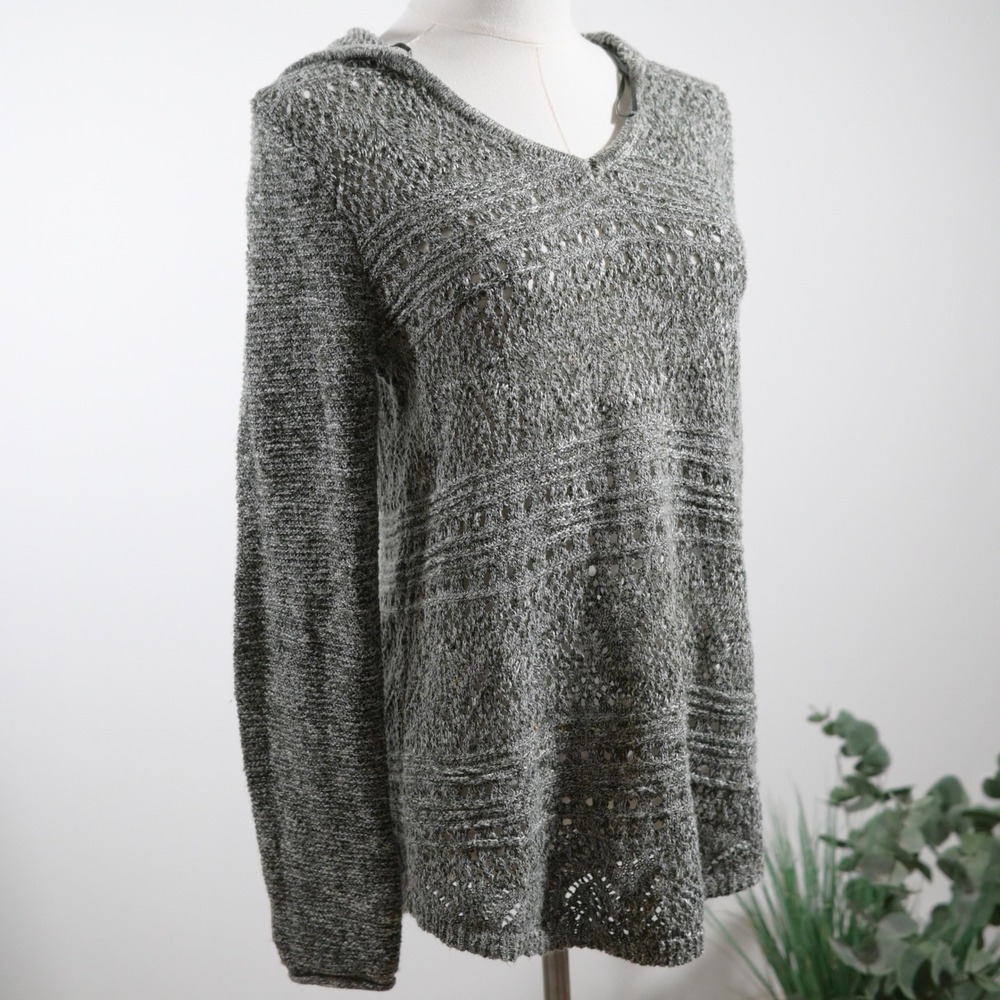 Freshman 1996 Women Green Marled Open Knit Hooded Sweater Size L V-Neck Boho